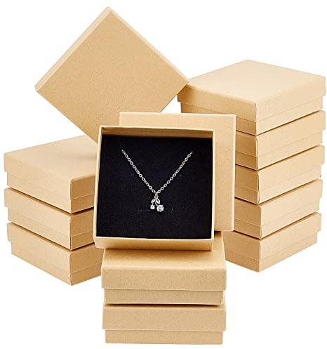 NBEADS 24 Stück Braune Karton Geschenkbox Schmuckschatulle Quadrat Schmuck Box Halsketten Verpackung Box mit Deckel Für Armband Schmuck Weihnachten Geschenk Display und Lagerung, 9x9x3 cm