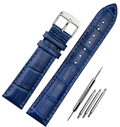 FOUUA Uhrenarmbänder Band Echtes Leder Armband Alligator Geprägte Ersatzarmbänder Armband,Blau-silber,16mm