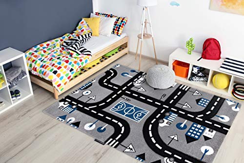rugsx Kinderteppich Petit für Babyzimmer, Spielteppiche, Kinderzimmer, City Stadt Straßen grau schwarz 80x150 cm