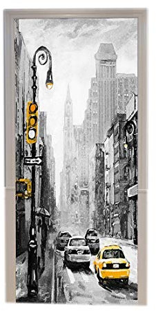 A.Monamour Adesivo Porta Autoadesiva New York Street View Donna Sotto Ombrellone Taxi Giallo Dipinto Vinile PVC Adesivi per Porte Interne 3D Pellicola Adesiva Poster Sticker Murale Carta da Parati