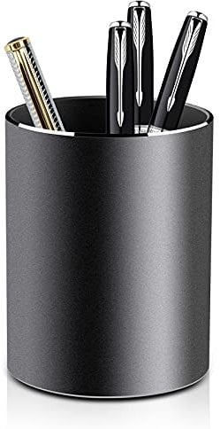 VAYDEER Runder Stiftehalter aus Aluminium Organizer und Aufbewahrungsbox für Stifte und Bleistifte, ideal für Büro, Schule, zuhause und Kinder - 8x10 cm, in elegantem Schwarz.