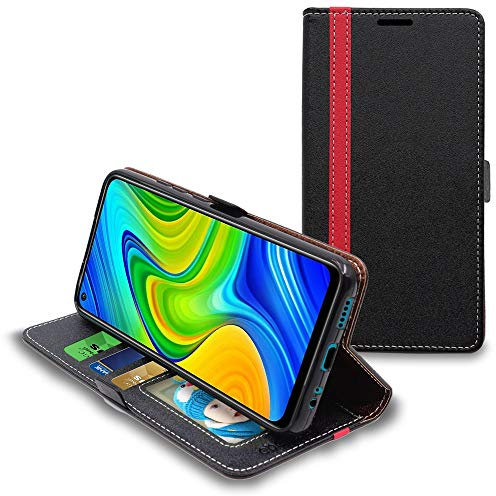 ebestStar - Cover per Xiaomi Redmi Note 9, Custodia Libro Protezione Portafoglio, Pelle PU Porta Carte, Nero/Rosso