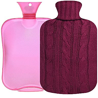 OliviaLiving Klassische transparente Wärmflasche, 2 Liter, mit Strickbezug, ideal für Krämpfe, Schmerzlinderung und gemütliche Nächte – Wasserheizkissen – Füße & Bettwärmer für Erwachsene