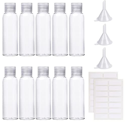 10Pcs 60Ml Plastic Bottles with Lids Small Bottles for Travel Empty Cosmetic Containers Flip Top Bottle with Funnels Syringe and Labels for Liquids Cosmetic Products Toiletries(60ML)