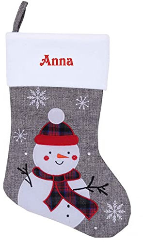 Geschenkegarten Personalisierter Weihnachtsstiefel in grauem Leineneffekt mit Stickerei - Weihnachtsdekoration (Schneemann)