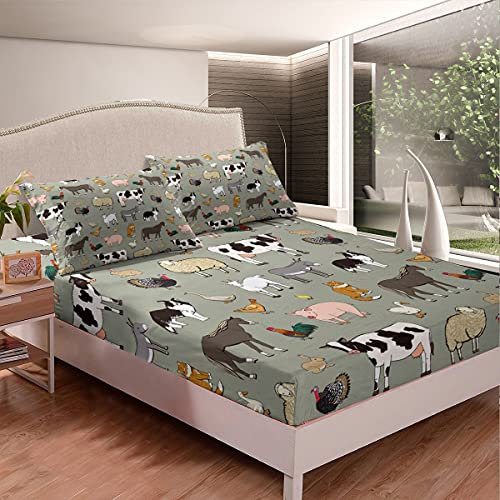 Kuh Spannbetttuch Karikatur Katze Hund Pferd Spannbettlaken 140x200cm für Kinder Jungen Mädchen Jugendliche Zimmer Bauernhof Tier Sammlung Dekor Bettlaken Set Bauernhaus Stil 2St