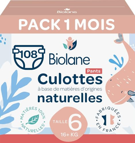 BIOLANE - Windelhöschen – Größe 6 (16 + kg) – kein Auslaufen für 12 Stunden – Pack 1 Monate – 108 Windeln – umweltfreundlich