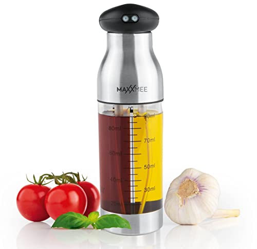 MAXXMEE Sprühflasche Ölzerstäuber | Sprühflasche für Essig, Öl, Zitronensaft | Sparsam dosieren zur gesünderen Ernährung mit weniger Öl & Fett | 2 seperate Füllkammern je bis 90 ml Volumen [Edelstahl]