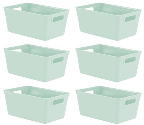 simpa 4L 4 Litre Plastic Storage Basket Studio Organiser Trays with Handles - Sage Green, Set of 6 Trays - 11cm (H) x 25cm (L) x 17cm (W)