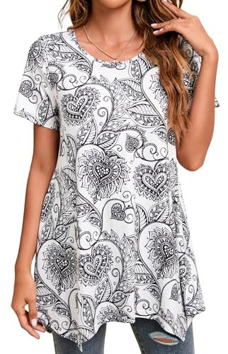 Enmain Tunique Femme Longue Tuniques Blanc Manches Courte Ample Chemisier Ete Fleurie Paisley Chic Et élégant Col Rond Elastane Blouse T-Shirt Haut,Blanc,XXL