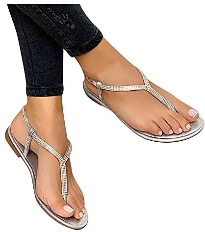 Sandales Femmes à Bretelles avec Perles Strass - Confortables pour la Plage & Piscine - Été - Coupé Large - Orthopédique - Chaussures Pas Cher