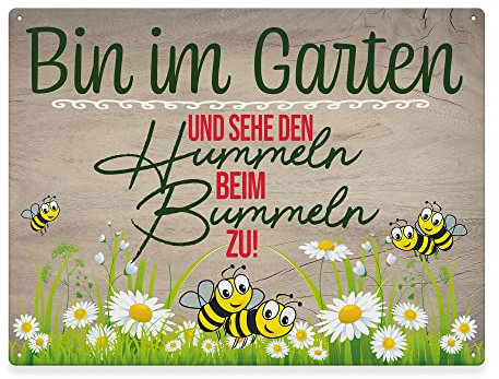 PR Print Royal Metallschild für den Garten - Bin im Garten - Geschenk für Gärtner, Hinweisschild, Gartenschild für draußen, Outdoorschild aus Aluminium | Wetterfest, 21x15 cm