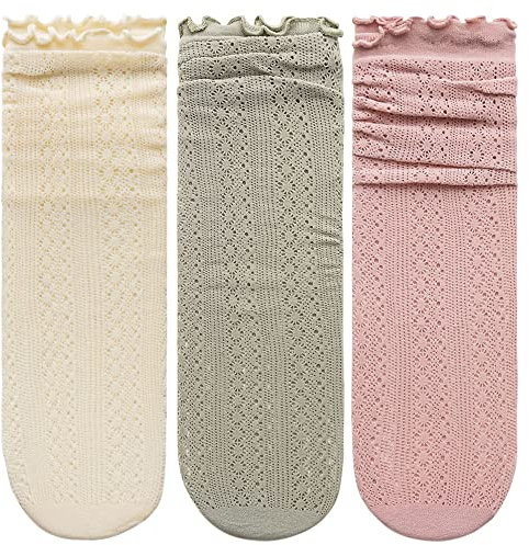 Dreierpack Mädchen Damen Rüschensocken Dünn Cool und Atmungaktiv Kurzsocken Kurzschaftsocken Knöchelsocken mit Rüschen Süß Einfach Chic Mädchensocken Sommer Must-have 35-39 - Graugrün & Beige & Rosa