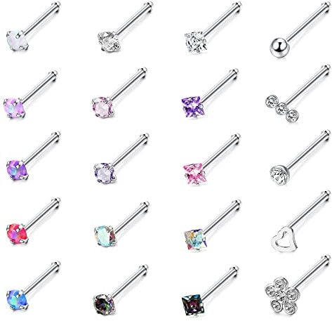 Adramata 20 Stück 20G Nasenstecker Chirurgischer Edelstahl Nasenpiercing Stecker Set Diamant Opal CZ Nasenpiercing Schmuck für Damen Herren Schraube/Gerade/L-förmige Nasenstecker Mehrfarbig,I