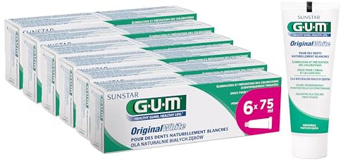 GUM Original White Zahnpasta | stellt das ursprüngliche Weiß der Zähne ohne schädliche Inhaltsstoffe wieder her | Fluorid und Isomalt schützen den Zahnschmelz | 6 x 75