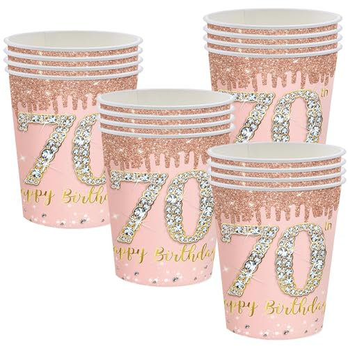 POPOYU 16 Pièces Gobelets Jetable Anniversaire 70 Ans,9oz Gobelets Rose et Or Decoration Joyeux Anniversaire,Gobelets Papier Décorées de Fête pour Deco Table Anniversaire 70 ans Femme