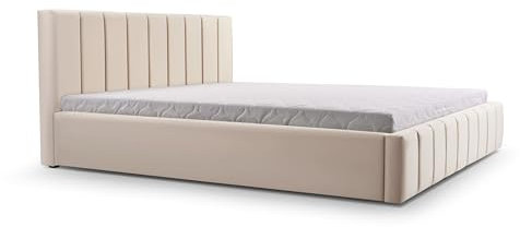 mb-moebel Polsterbett Bett mit Kopfstütze, Rahmenbettgestell, Bettkasten und Lattenrost Doppelbett Gepolsterter Kopfteil Samststoff Stauraumbett Bett 01-140x200 - Light Beige (Trinity 2)