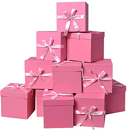 12 Pack kleine Geschenkboxen mit Deckeln, quadratische Boxen mit Deckeln, perfekt für Hochzeiten, Verlobungen, Abschlussfeiern, Feiertage, Weihnachten, Geburtstag, Vatertag (Rosa 10 cm)