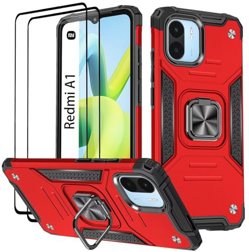 KANSi Hülle für Xiaomi Redmi A1 / Redmi A2, Schutzfolie [2 Stück] Silikon TPU Hart PC Handy Hüllen 360 Grad Drehbar Ringhalter Bumper Stoßdämpfung Schutzhülle - Rote