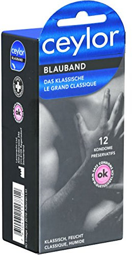 Ceylor Blauband 12 Kondome mit Gleitcreme, verpackt im hygienischen Dösli, einfach zu öffnen, schnelleres Überziehen, Premium-Qualität aus der Schweiz
