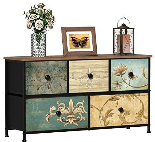 VEDECASA - Comò con 5 cassetti, toletta bohemién con pannello in legno, cassetti in tessuto, struttura in metallo, a torre, organizer per soggiorno o cameretta dei bambini, stile rustico
