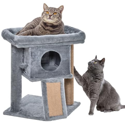 PawHut Árbol Rascador para Gatos Pequeños de 57 cm Torre para Gatos con Poste de Yute Rampa para Rascar Cama y Bola Colgante 40x40x57 cm Gris Claro
