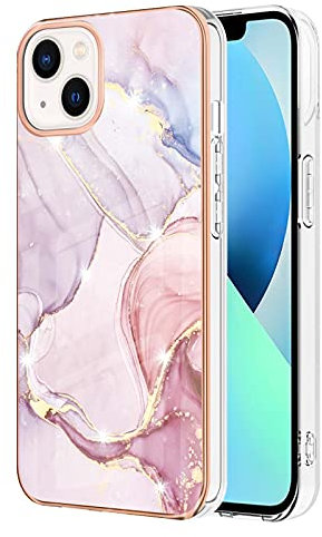 Knoowcase for iPhone 15 Case Marble Silicone Cover Shockproof Bumper Glitter Plated Gold Edges Protective Flexible TPU Rubber Skin Case for iPhone 15 Women,Rose Gold
