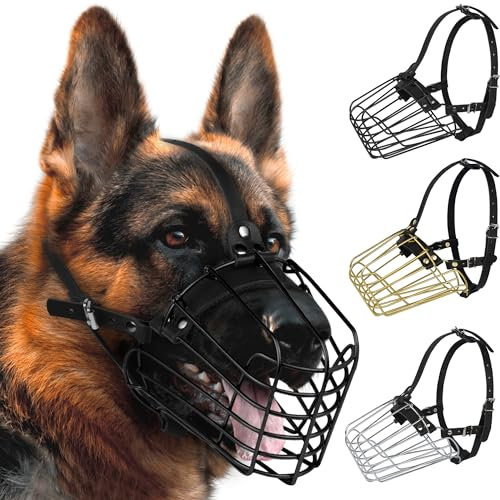 BUDKAS German Shepherd Dog Muzzle Metal Basket for Medium Large Dogs Adjustable Durable Leather Straps Secure Wire Mask for Biting Chewing Barking (Black, L - Size)