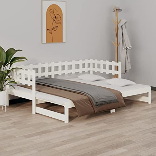 DJEKA Tagesbett Ausziehbar 2X(80x200) cm Jugendbett 80x200 cm Bett Mit Ausziehbett Weiß-14 Tagesbett 80x200 Ausziehbar Tagesbett aus Holz Tagesbettgestell Sofabett Schlafsofa Massivholz Kiefer