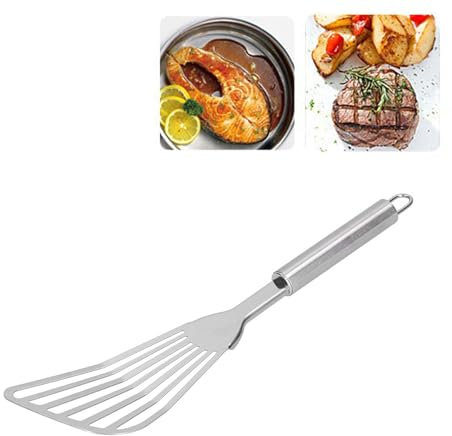 PANGHUBO Spatola per pesce combinata in acciaio inox, grande spatola per girare i pesci, spatola in metallo per cucinare, spatole scanalate, spatola per friggere con bordo sottile, ideale per girare e
