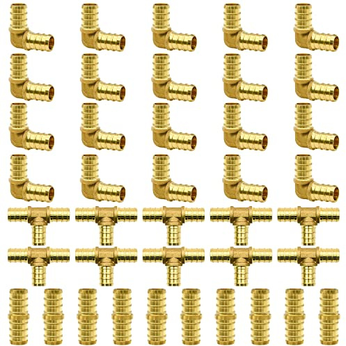 PEX-Armaturen, 1,27 cm (1/2 Zoll) Messing-PEX-Armaturen, PEX-Messing-Quetschverschraubung, Combo mit T-Stücken, Winkelstücken, Kupplungen (40 Stück, 1,27 cm)