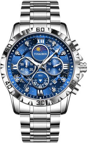 rorios Multifunktional Herrenuhren Elegant Diamant Uhren Analoge Quarz Uhr Edelstahl Chronograph Uhr Mode Armbanduhren für Herren Silber Blau