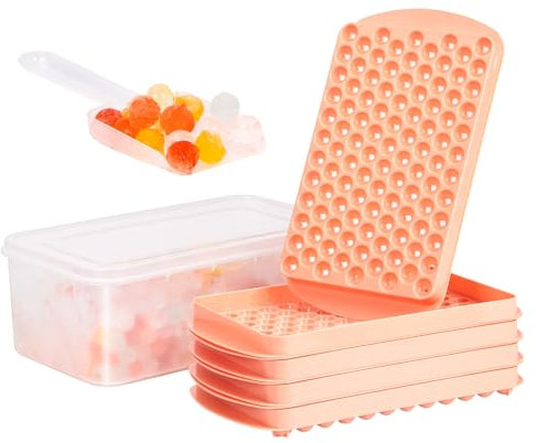Mini Ice Cube Trays for Freezer,104x4 PCS Round Ice Cube Mold with Lid and Bin for Chilling Drinks,Easy Release Nugget Ice Tray (4Pack Pink Ice Trays& Ice Scoop)