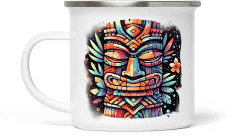 Vintage Tiki Weiße Emaille Tasse - 354 ml, langlebig und elegant, Ideal für Kaffee, Tee und heiße Getränke