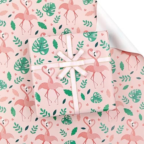 Flamingo Wrapping Paper, Birthday Gift Wrap Paper, Flamingo with Monstera Hawaii Jungle Tropical Themed Paper, 4 Sheets Folded Flat 50x70 cm Per Sheet