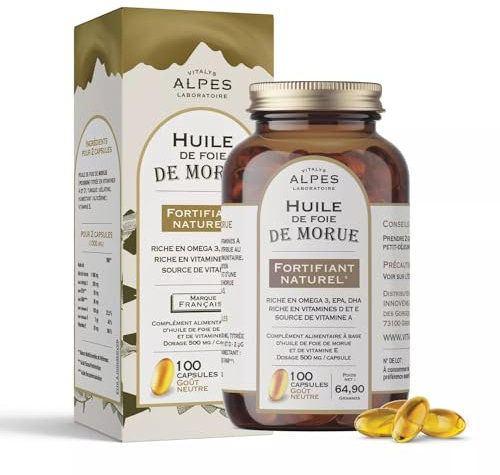 Huile de foie de morue - 100 capsules - Renfort du système immunitaire - Maintient la fonction musculaire et osseuse - Source d’oméga-3 EPA et DHA - Cure de 50 jours - Vitalys Alpes (l'unité)