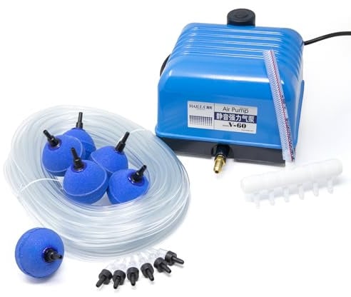 VIALIA Teichbelüfter V-60 Komplettset, 60W Pumpe, Belüftersteine, Schlauch und Luftverteiler, hoher Luftstrom, Robustes Aluminiumgehäuse und einfache Wartung