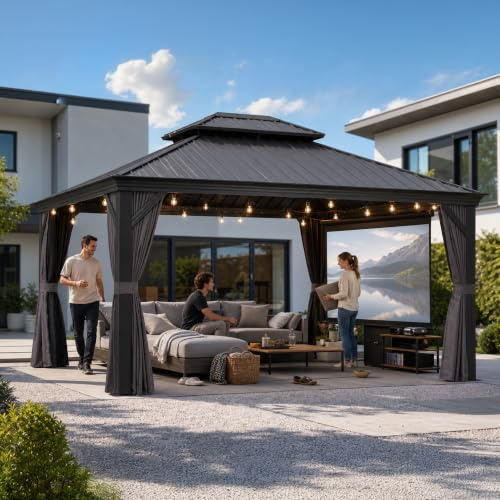 PURPLE LEAF Gartenpavillon 3.65 x 4.25 m LED Licht mit Seitenteilen, Grau | Wasserdichte Licht, Regenrinne, Garngefärbter Stoff Vorhänge, Teslin-Netzgewebe, Rostfreies Metalldach, Dekorative Haken