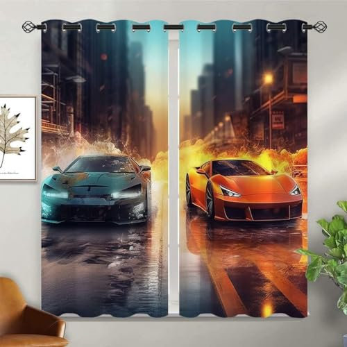 EXSANLIEAY Verdunklungsvorhänge Auto, Vorhang Blickdicht Rennen Vorhänge mit öSen 2er Set für Schlafzimmer Kinderzimmer, Deko Gardinen Wohnzimmer - B140 x H260 cm