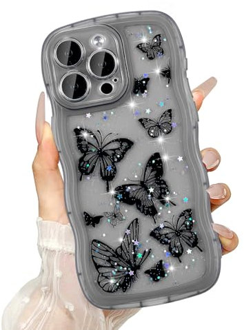 UEEBAI Wave Case for iPhone 14 Pro Max, Cute Bling Butterfly Case for Girl Women, Pretty Glitter Sparkle Stars, Clear Curvy Protective Shockproof Bumper Phone Cover - Black