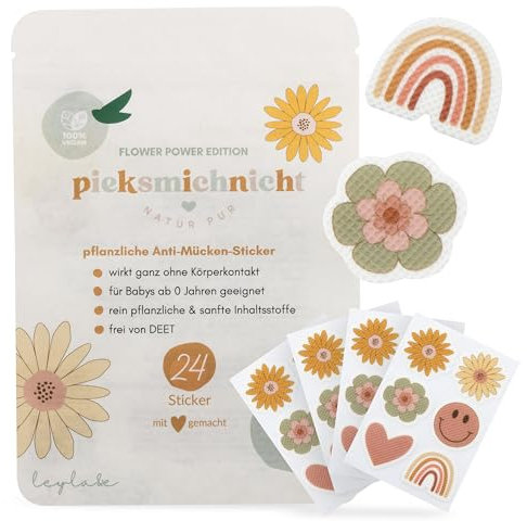 pieksmichnicht Pflanzliche Anti-Mücken-Aufkleber für Babys und Kinder Blumen Regenbogen Herz Mückenschutz Insektenschutz Mückensticker Patches Pflaster DEET frei (Flower Power)