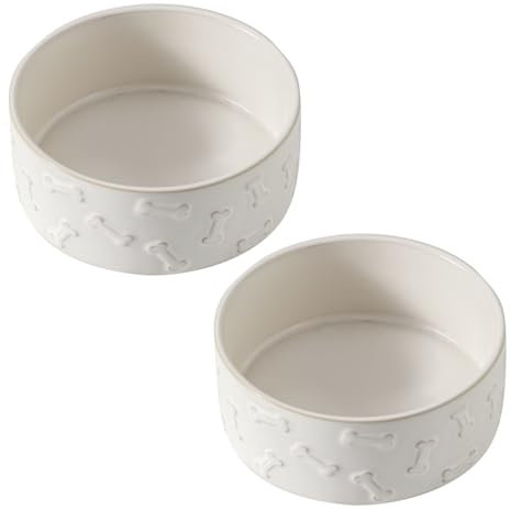 UBEE Ceramic Dog Bowl Set of 2, 5.1 inch Dog Dish Dog Food Bowl with Bone Pattern, Pet Food Water Dish Feeding for Small Dogs and Large Cat, White