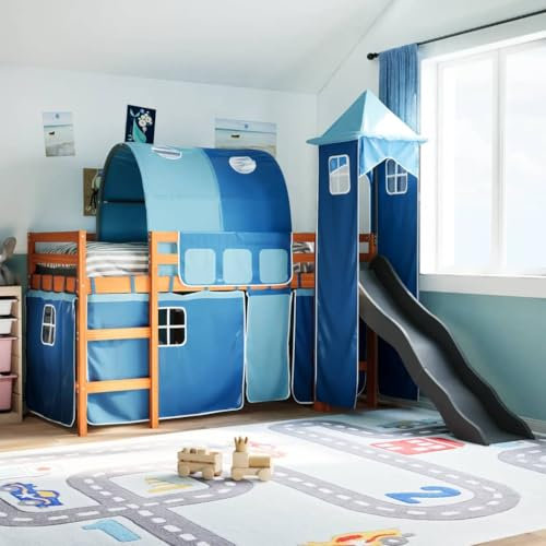 IKAYAA Cama Alta para Niños con Tobogán y Escalera de Madera Pino, Cama Infantil Alta 80 x 200 cm con Tobogán, Cama Niño Infantil con Ventana y Torre Marrón y Azul