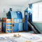 IKAYAA Cama Alta para Niños con Tobogán y Escalera de Madera Pino, Cama Infantil Alta 80 x 200 cm con Tobogán, Cama Niño Infantil con Ventana y Torre Marrón y Azul