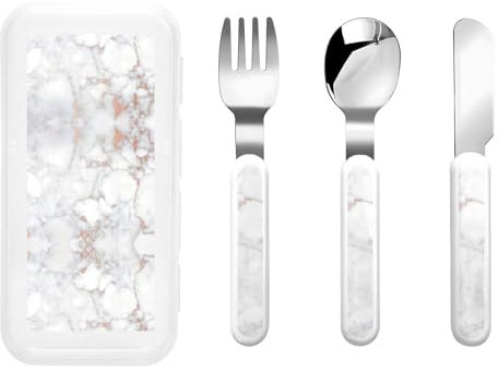 Reusable White Marble Rose Gold Print Fork, Spoon Knife with Storage Case,Dishwasher Safe for School Lunch,Travel