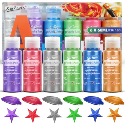 YULL Acrylfarbe Metallic Set - 6 x 60 ml Glänzend Acryl Farbe, Ungiftige, Glitter Farbe für Leinwand, Stein, Holz, Papier, Möbel, Stoff und Malkarton (Gold, Silber, Magenta, Grün, Blau, Lila)
