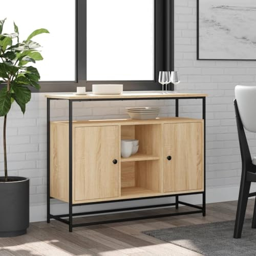 SDWEHO7 Aufbewahrungsmöbel Sideboard mit Türen & offenes Fach, Industrieller Stil Flurtisch Sofatisch für Eingang Wohnzimmer Küche, Sonoma-Eiche 100x35x80 cm