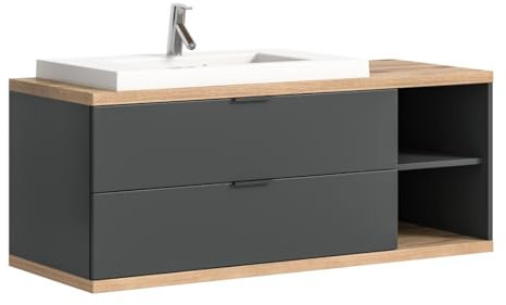 Mueble bajo lavabo NOYA gris para colgar – 2 cajones + nicho, 130 cm, sin lavabo