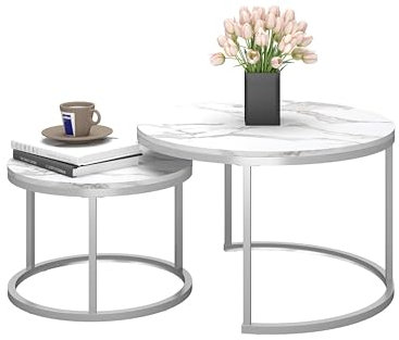 Soayone Marmor Couchtisch Rund Weiss, Wohnzimmertisch Weiß, Moderner Couchtisch Silber satztische fürs Wohnzimmer kaffeetisch sofatisch 70x70x45 & 50x50x35 cm