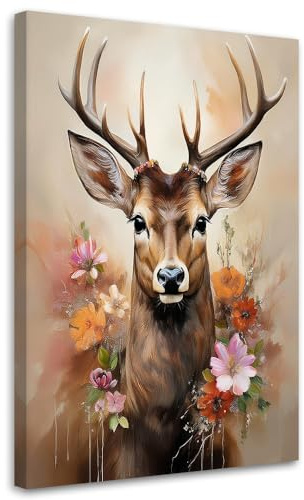 Feeby Leinwandbild - Bilder Wohnzimmer - Hirschblume Tiere Vintage - 40x60 1tlg - Deko Schlafzimmer - Wanddekoration - Aesthetic - Groß Moderne Bild - Foto auf Leinwand